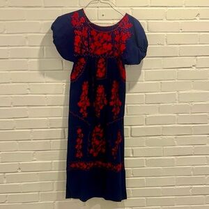 Navy Dress with Red Floral Embroidery